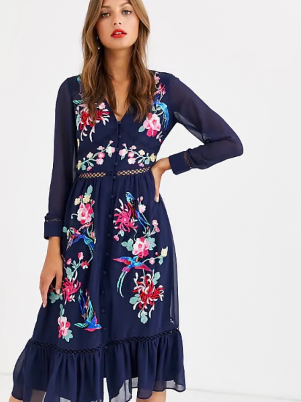 ASOS Navy Midi Dress with Pink, Red and Green Floral Embroidery